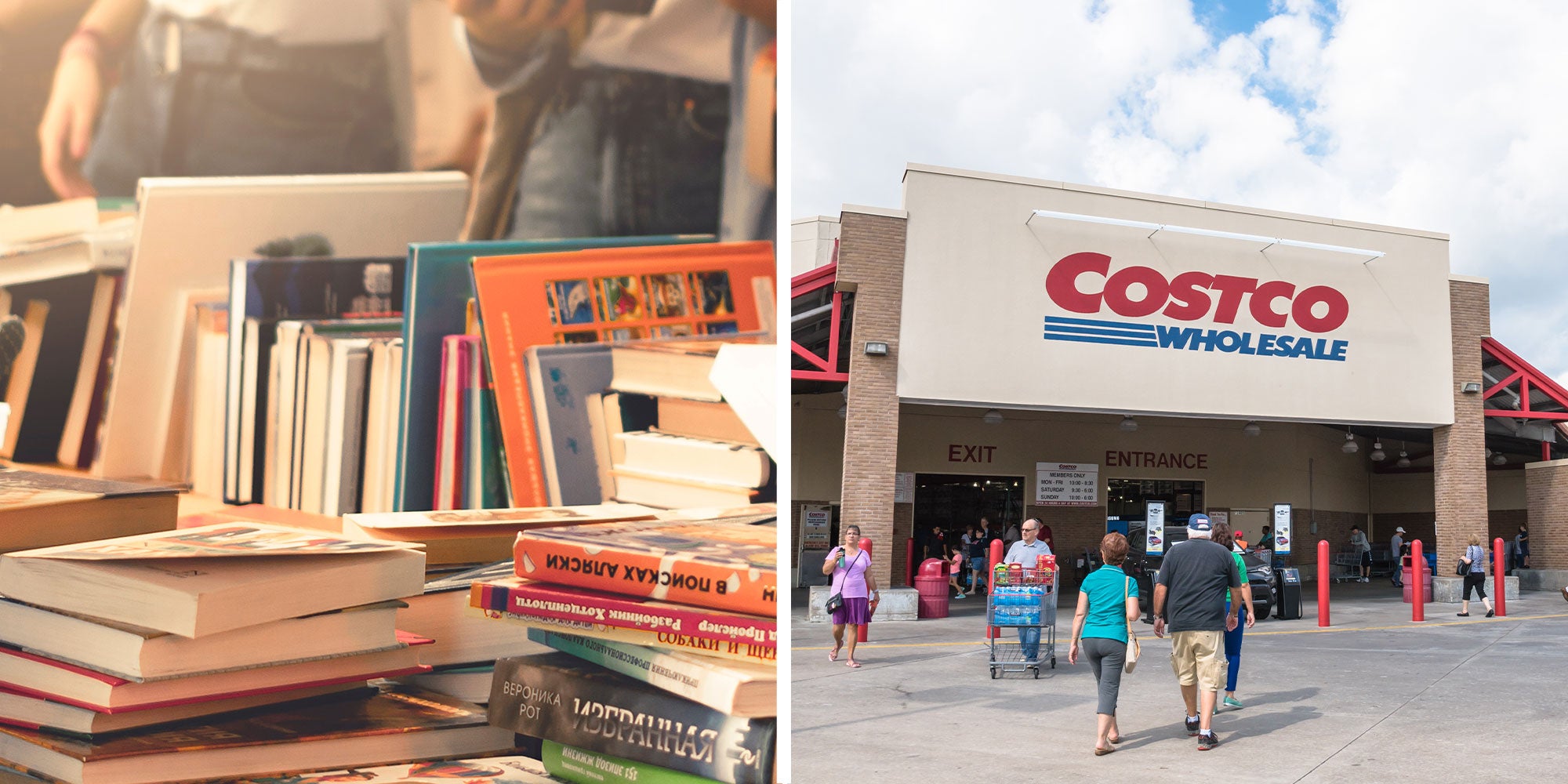 Two panel design with an image of books being sold and being looking at them, next to an image of a Costco
