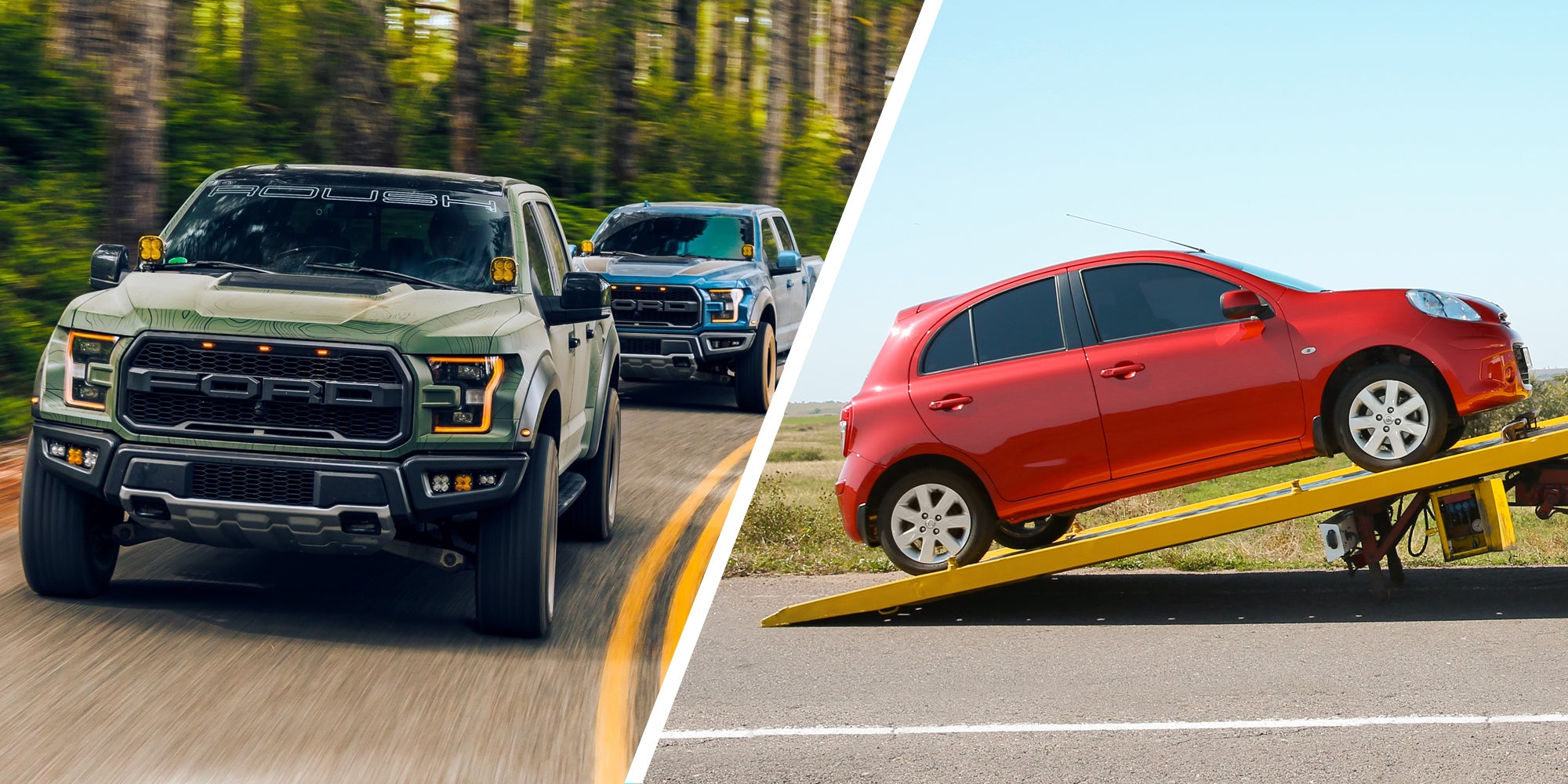 Trucks on road(l), Car getting towed(r)