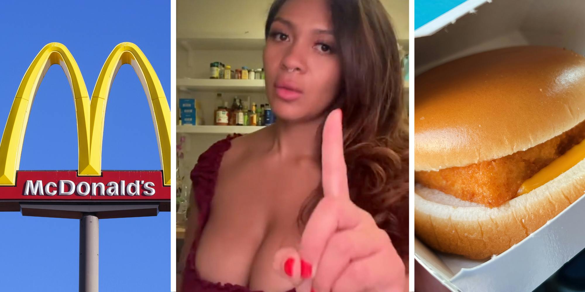 McDonalds sign(l), Woman talking(c), Filet-o-fish(r)