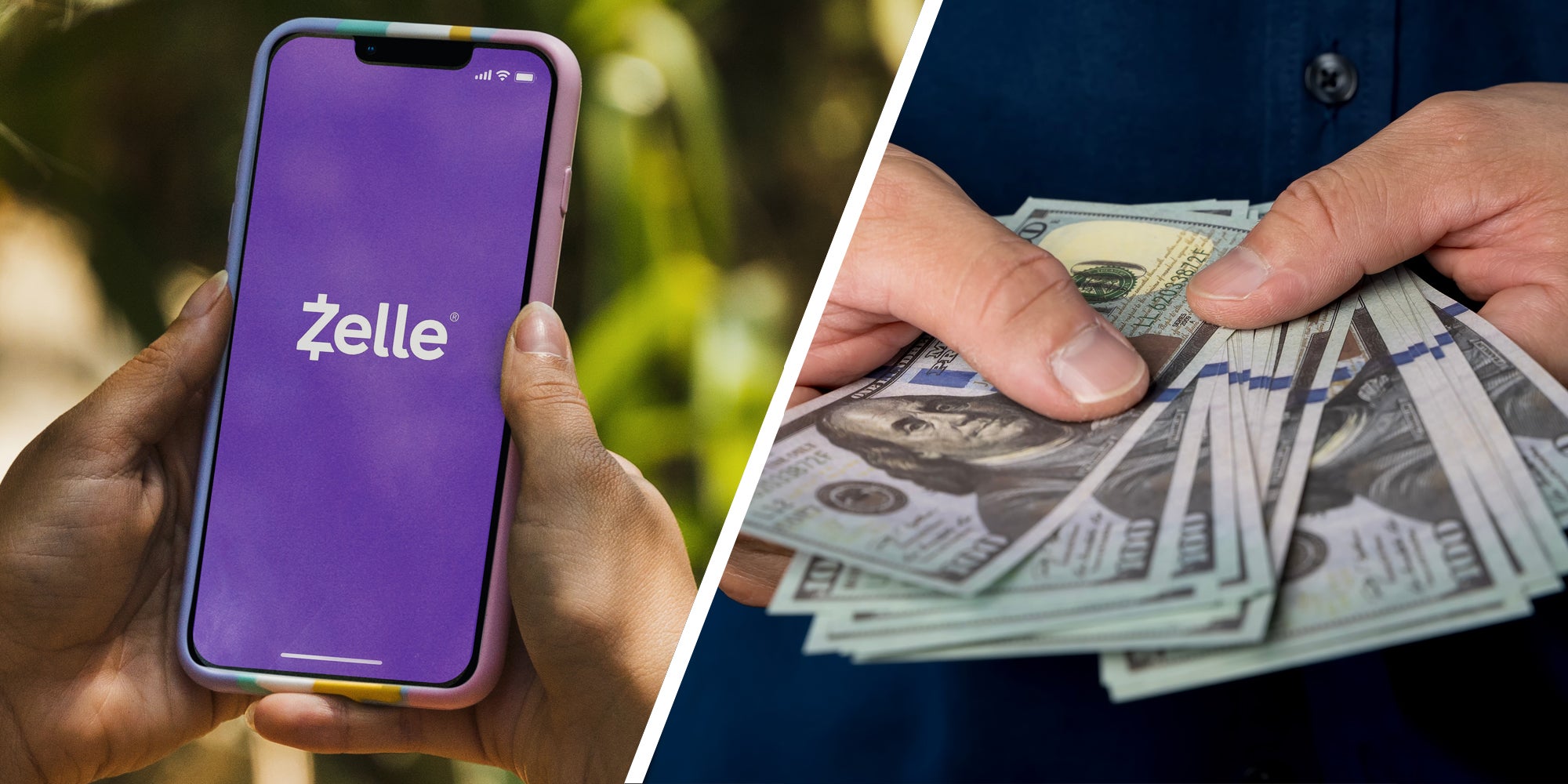 Hands holding phone with zelle app(l), Hands holding hundred dollar bills(r)