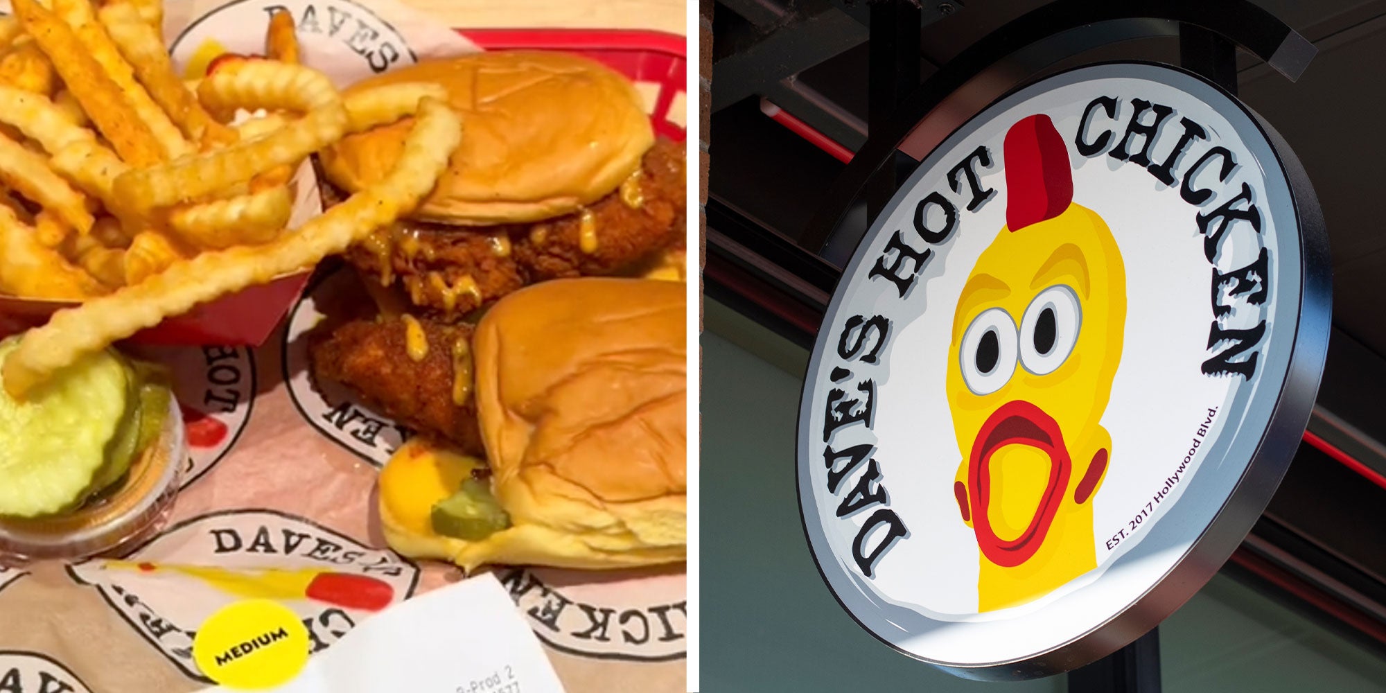 two panel design with a close up of a chicken sandwich mean with fries in a basket, next to an image of a Dave's Hot Chicken sign
