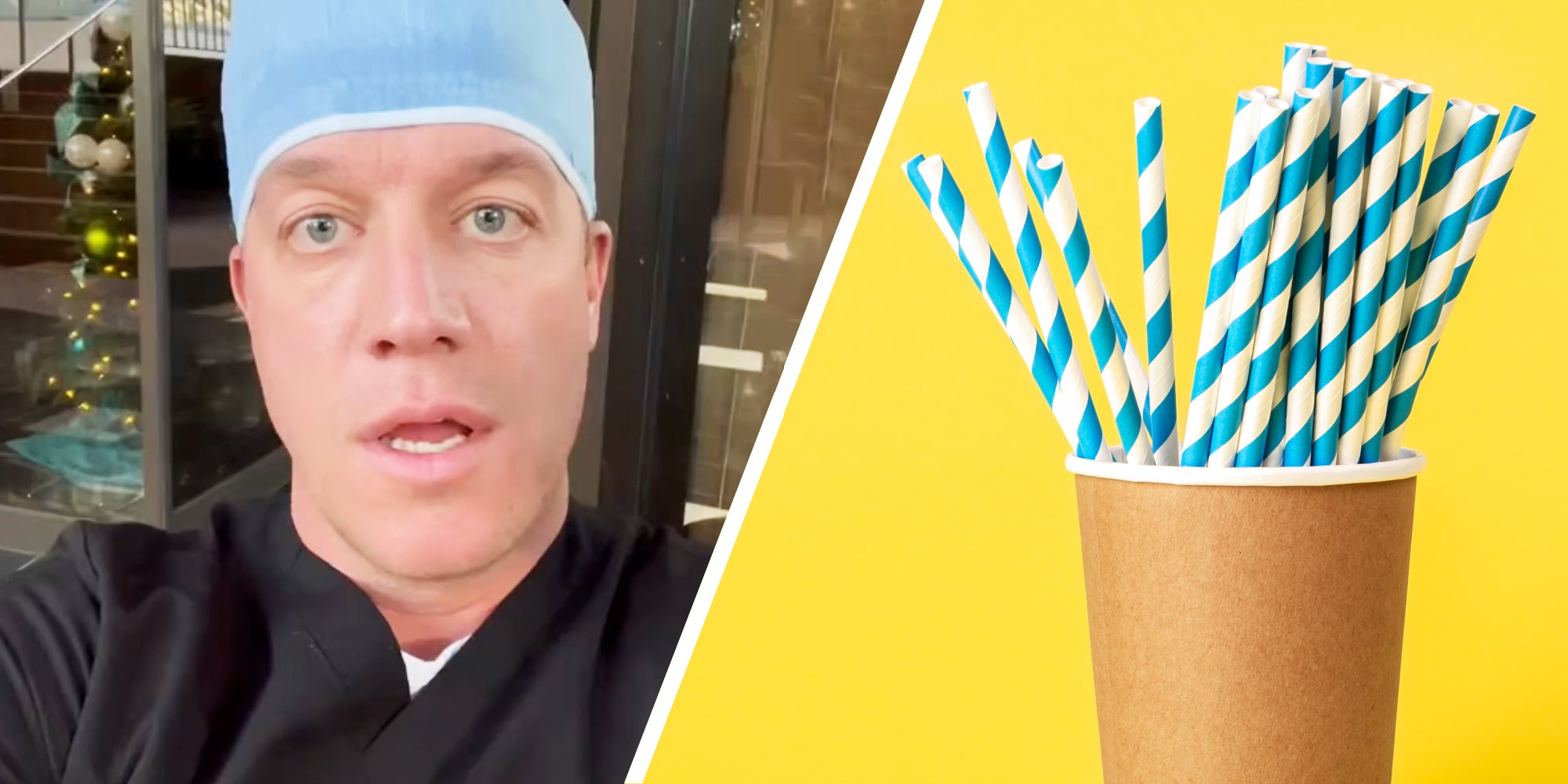 Doctor Talking(L), Cup of paper straws(r)