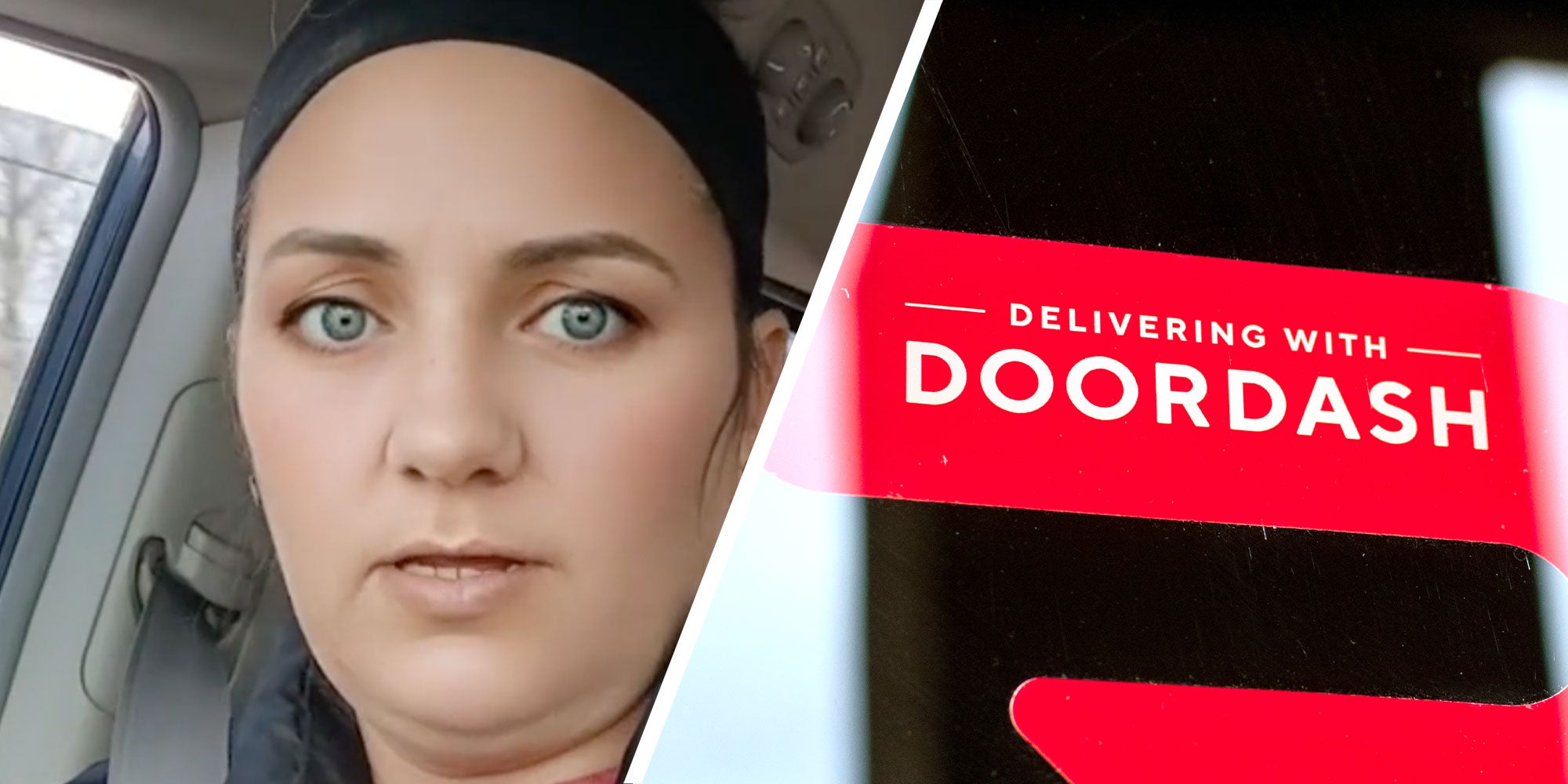 Two panel design with a woman who is looking directly at the camera, next to an image of a logo for DoorDash.