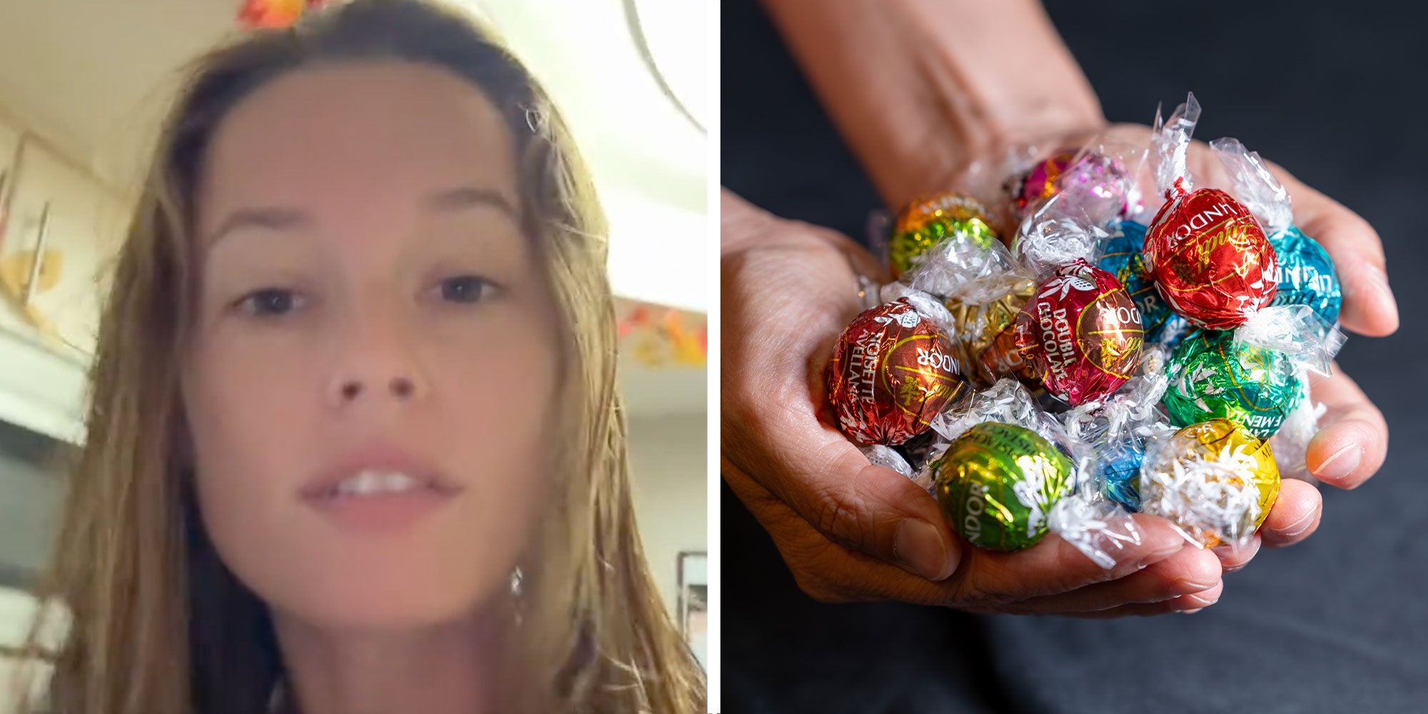 Two panel design with a woman looking at the camera in one, next to an image of someone holding a handful of chocolates