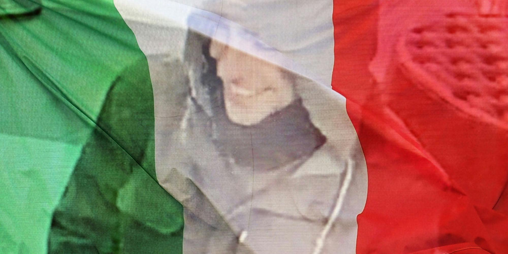 Single design with an Italian flag overlaid on an image of a suspect in a crime