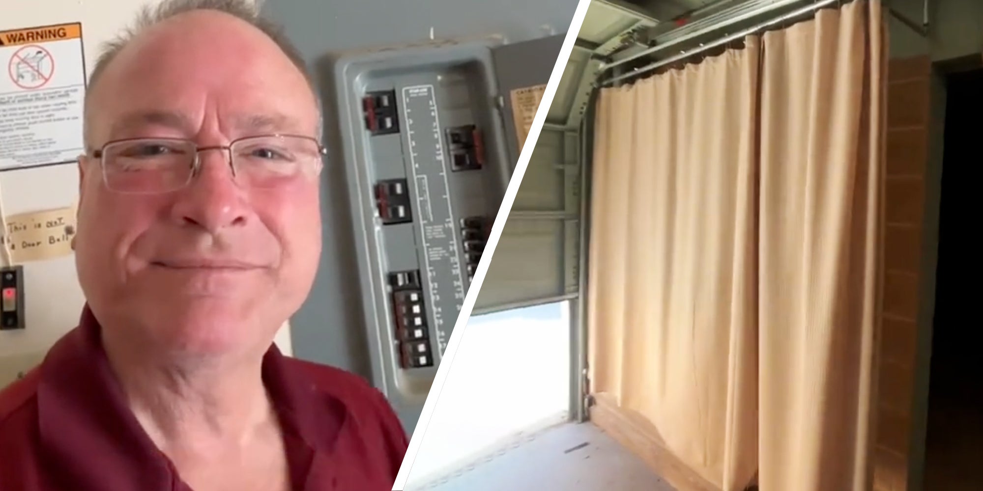 Man talking(l), Curtain in garage(r)