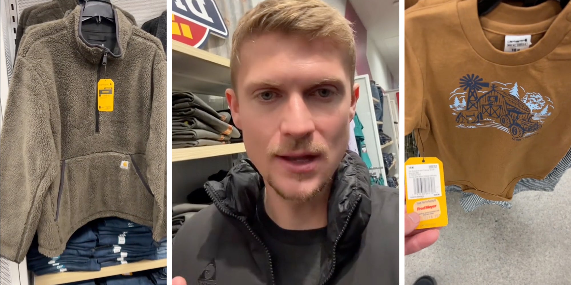 Fleece(l), Man talking(c), Tee shirt and tag(r)