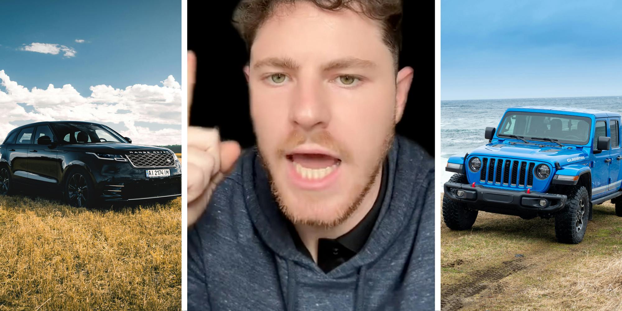 Range Rover in field(l), Man talking(c), Jeep by the sea(r)