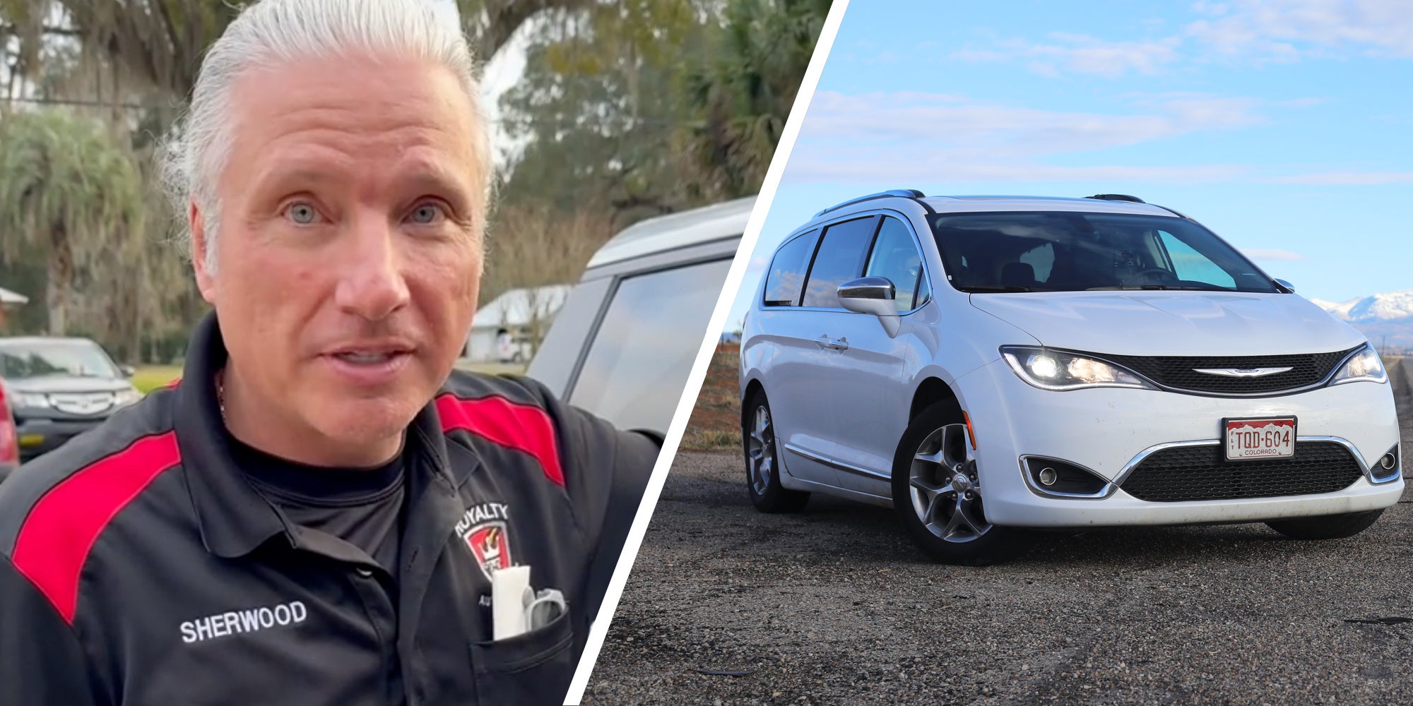 Man talking(l), Minivan(r)