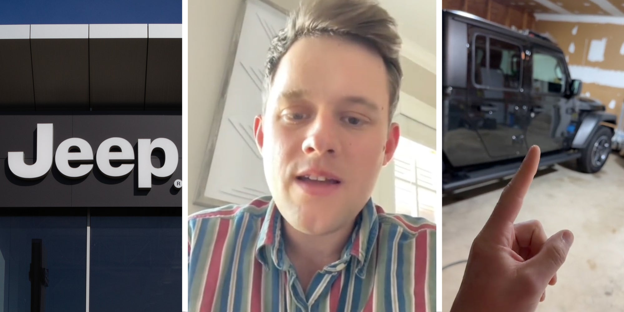 Jeep logo(l), Man talking(c), Hand pointing to jeep(r)