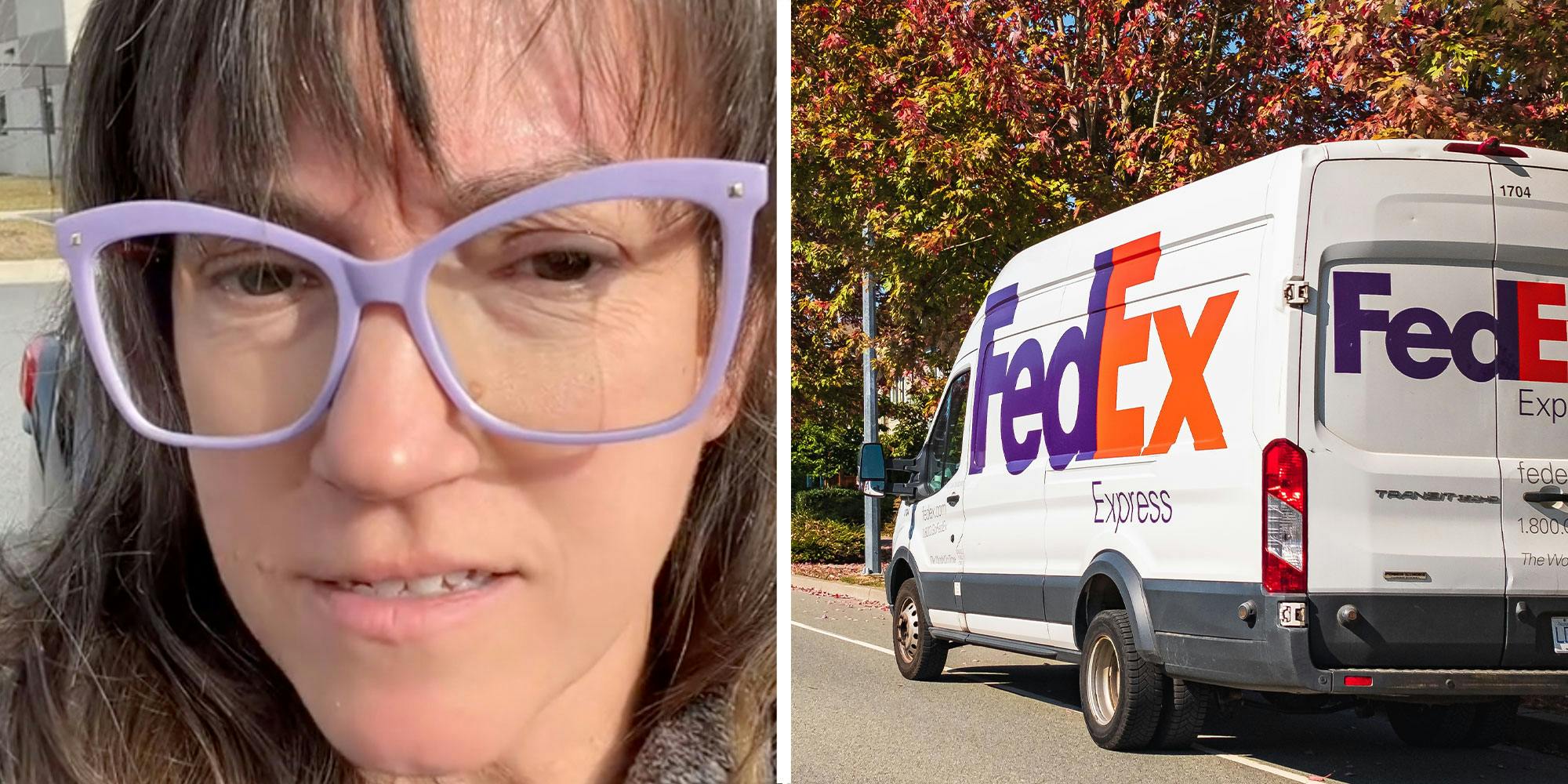 two panel design with a woman looking the camera from inside of her car, next to an image of a Fedex truck as it's driving down the road