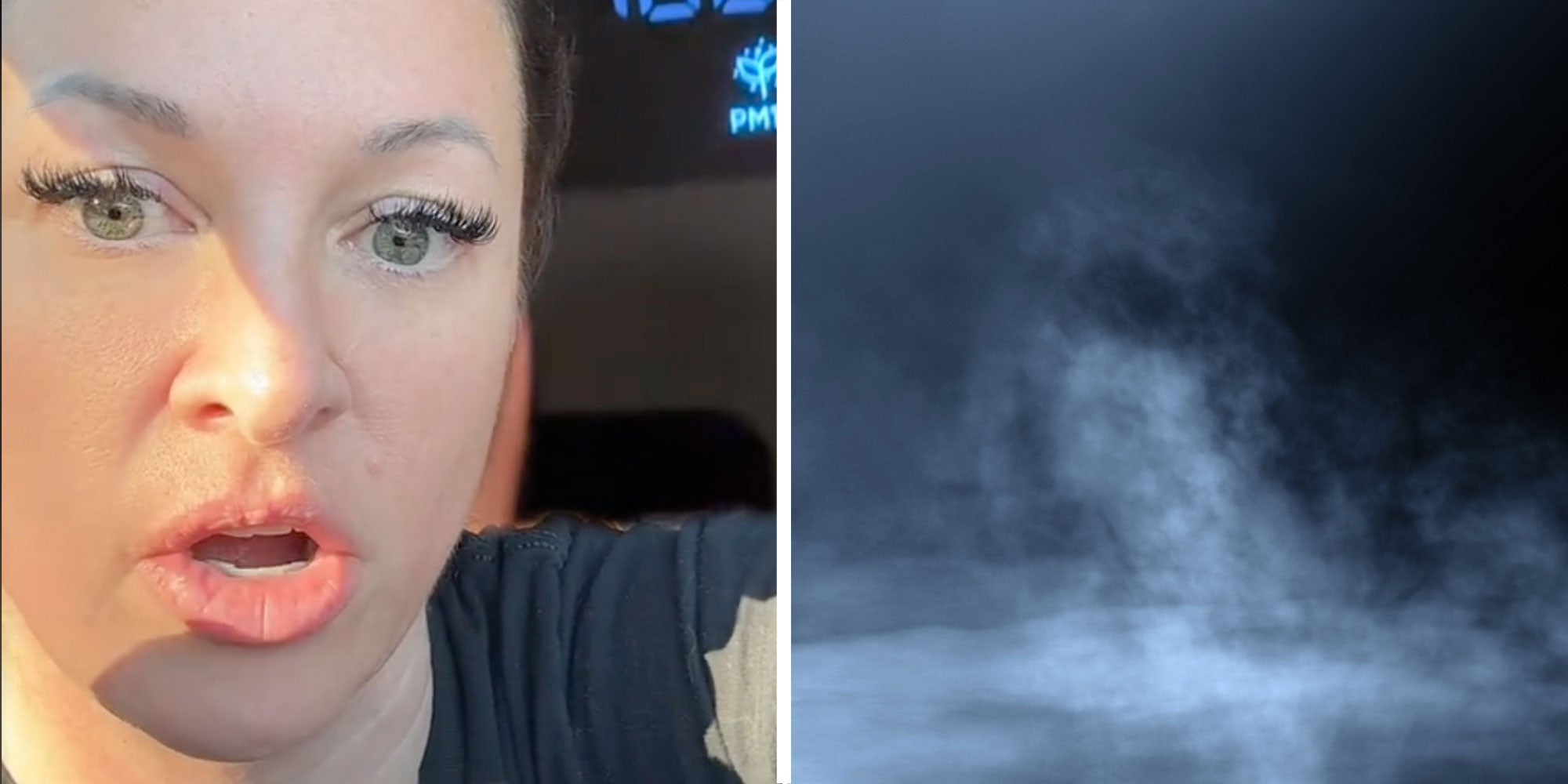 Two panel design with a woman looking concerned as she speaks to the camera, next to an image of fog