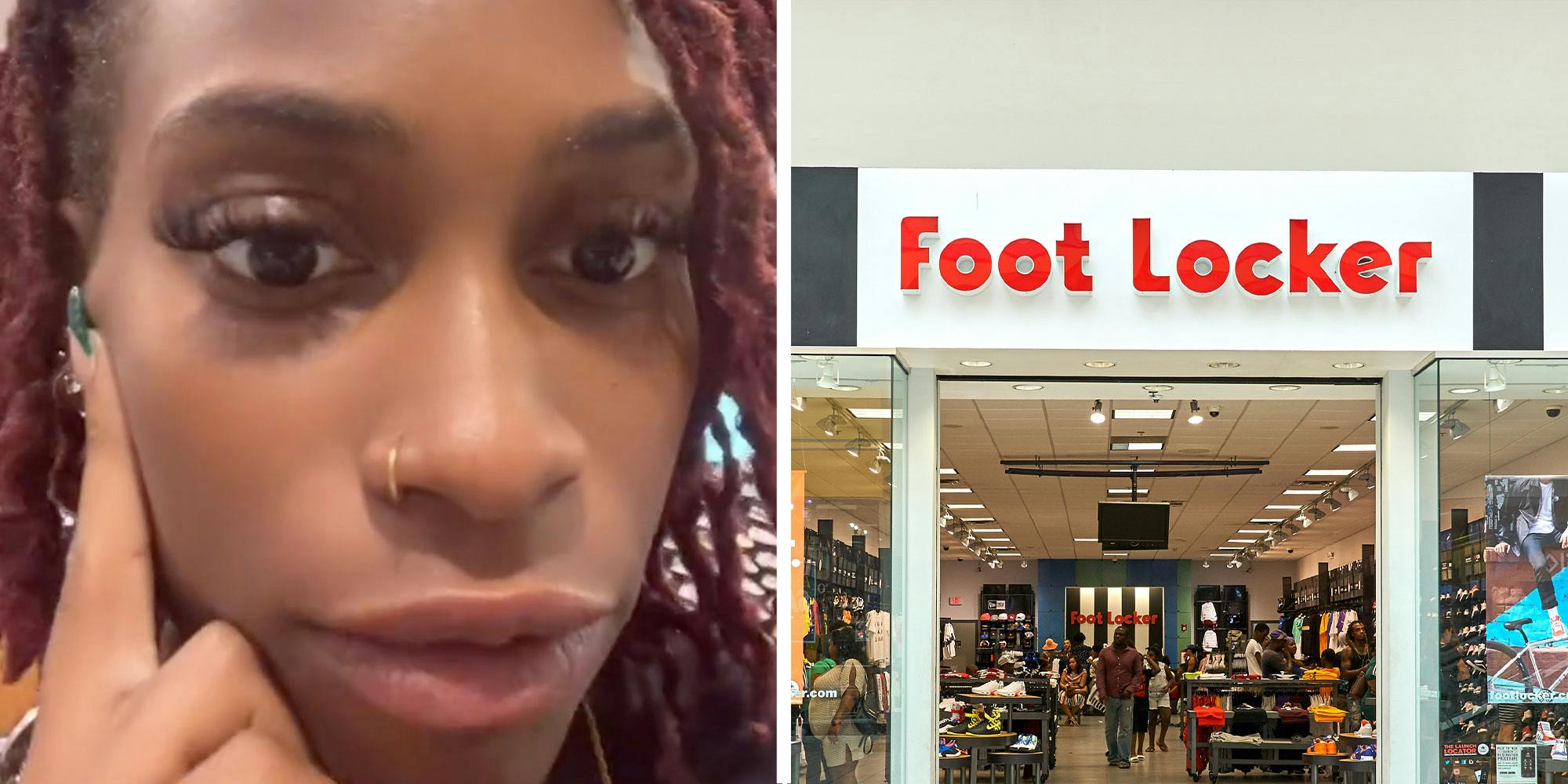 Two panel design with a woman looking at the camera with frustration, next to an image of a Foot Locker store