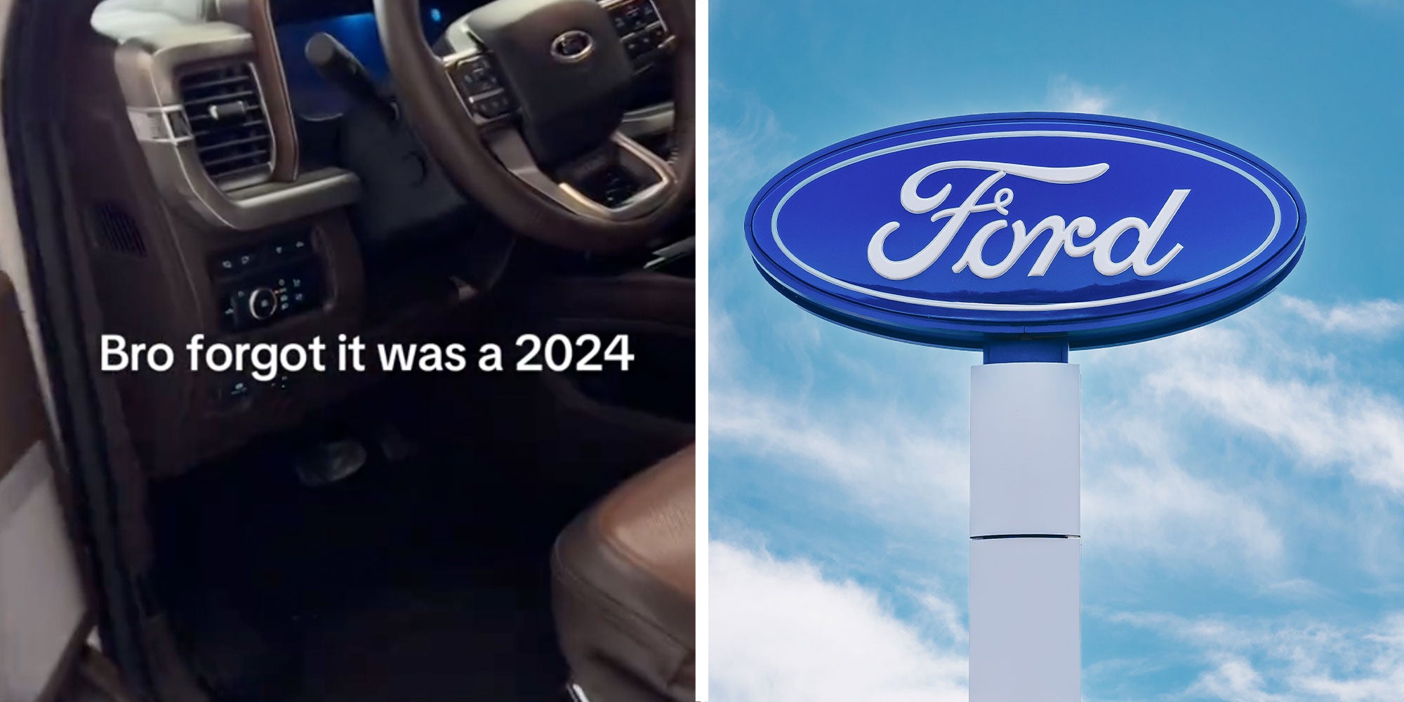 Two panel design with text reading 'Bro forgot it was a 2024' over a car, next to an image of a Ford sign