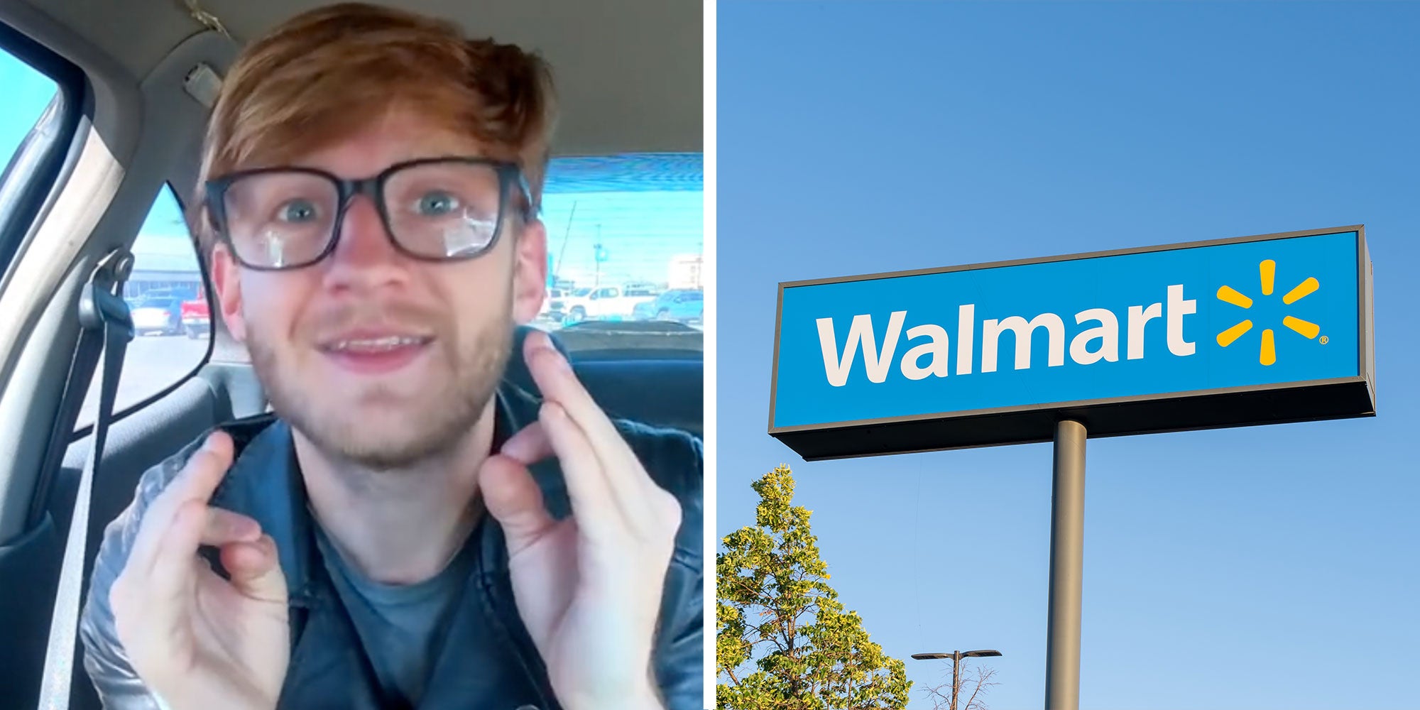 Two panel design with a man in his car talking to the camera, next to an image of a Walmart store sign