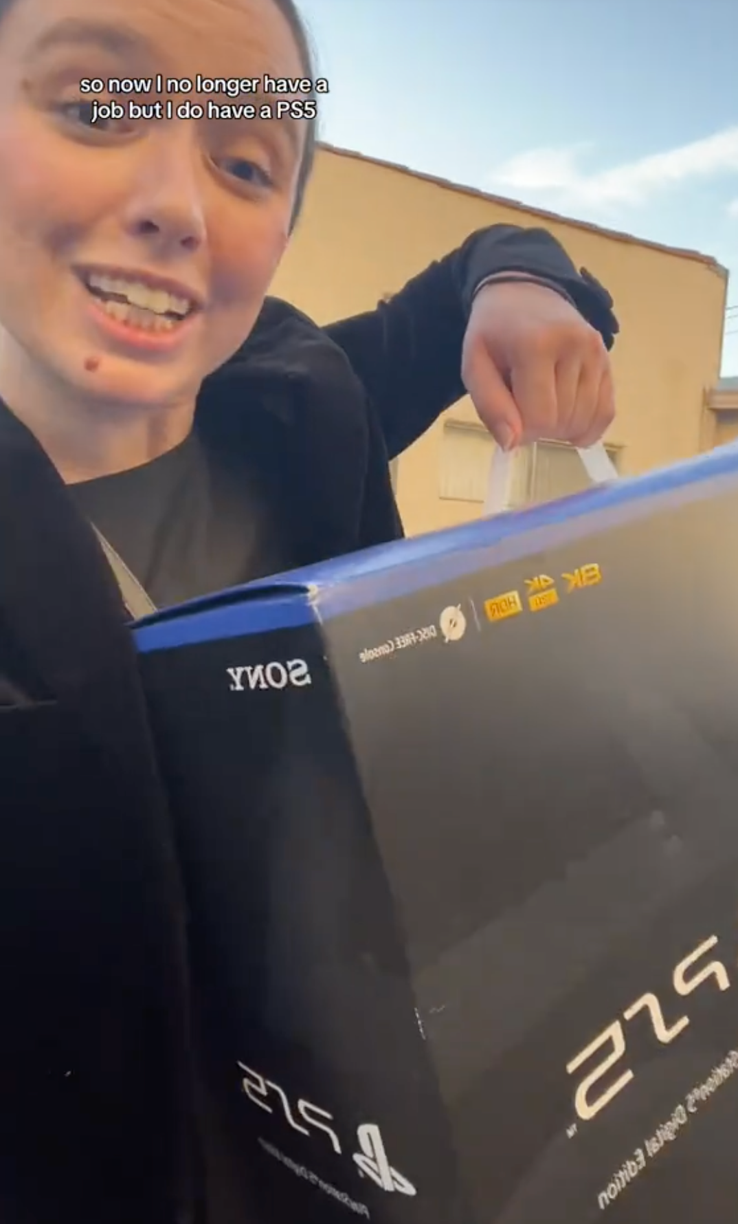 A still from Louisa Melcher's Tik Tok account explaining how she got fired from her job but won a PS5