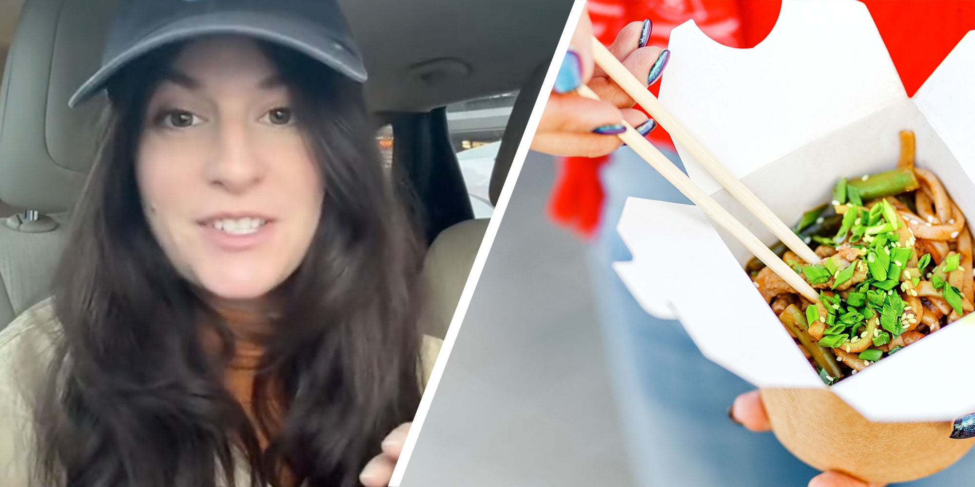 Two panel design with a woman looking at the camera in one, next to an image of a person eating Chinese food