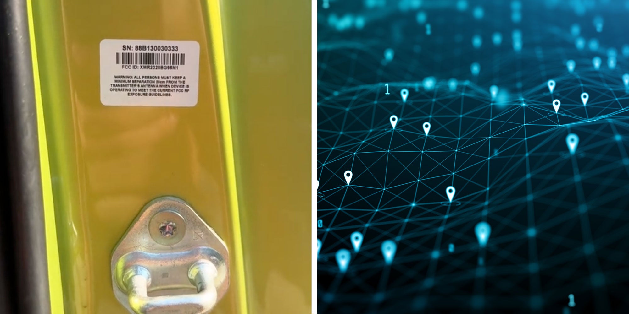 Two panel design with the inside of a door in one, next to an image of a GPS tracking graphic
