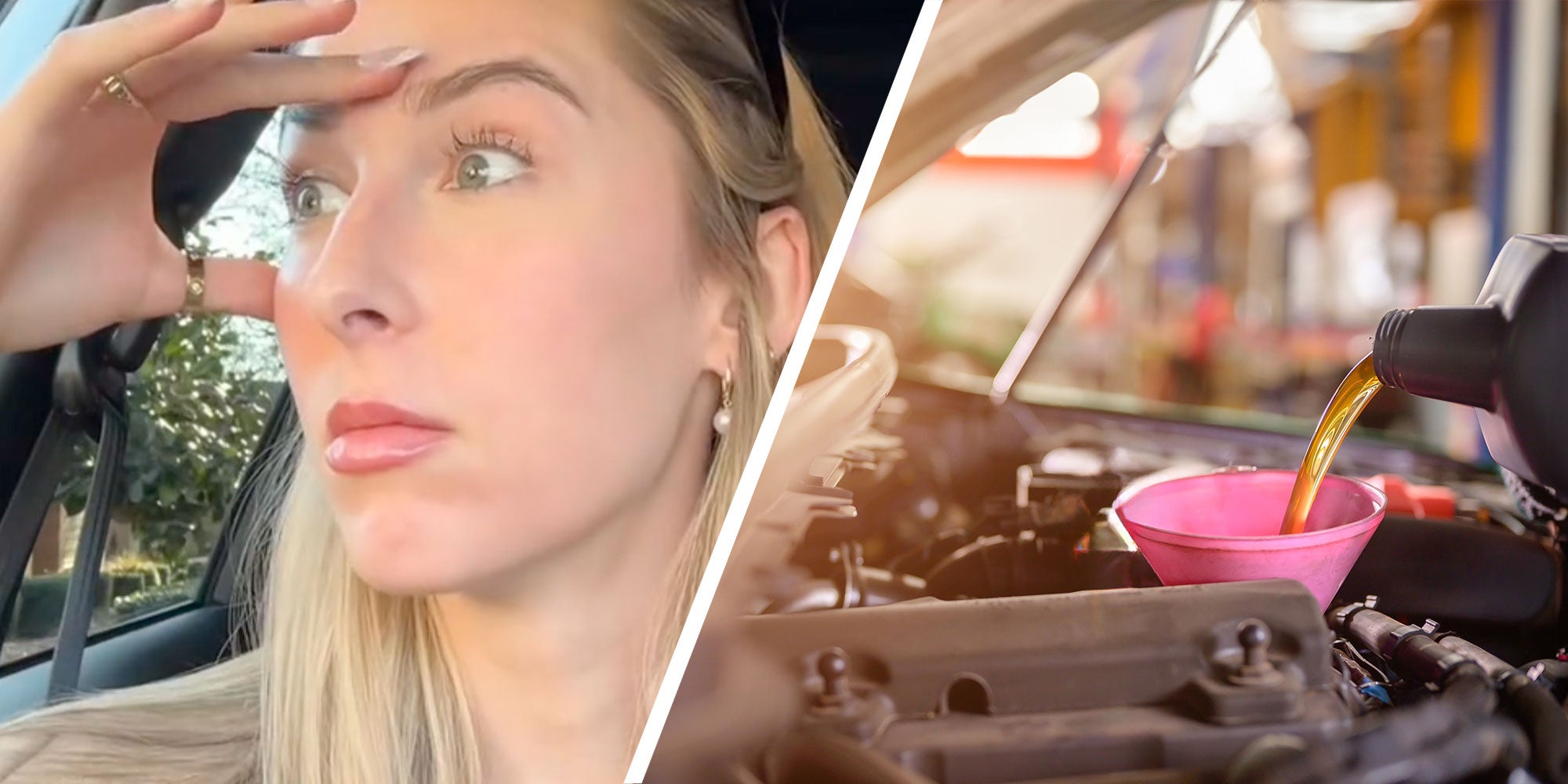 Two panel design with a woman looking frustrated while sitting in her car, next to an image