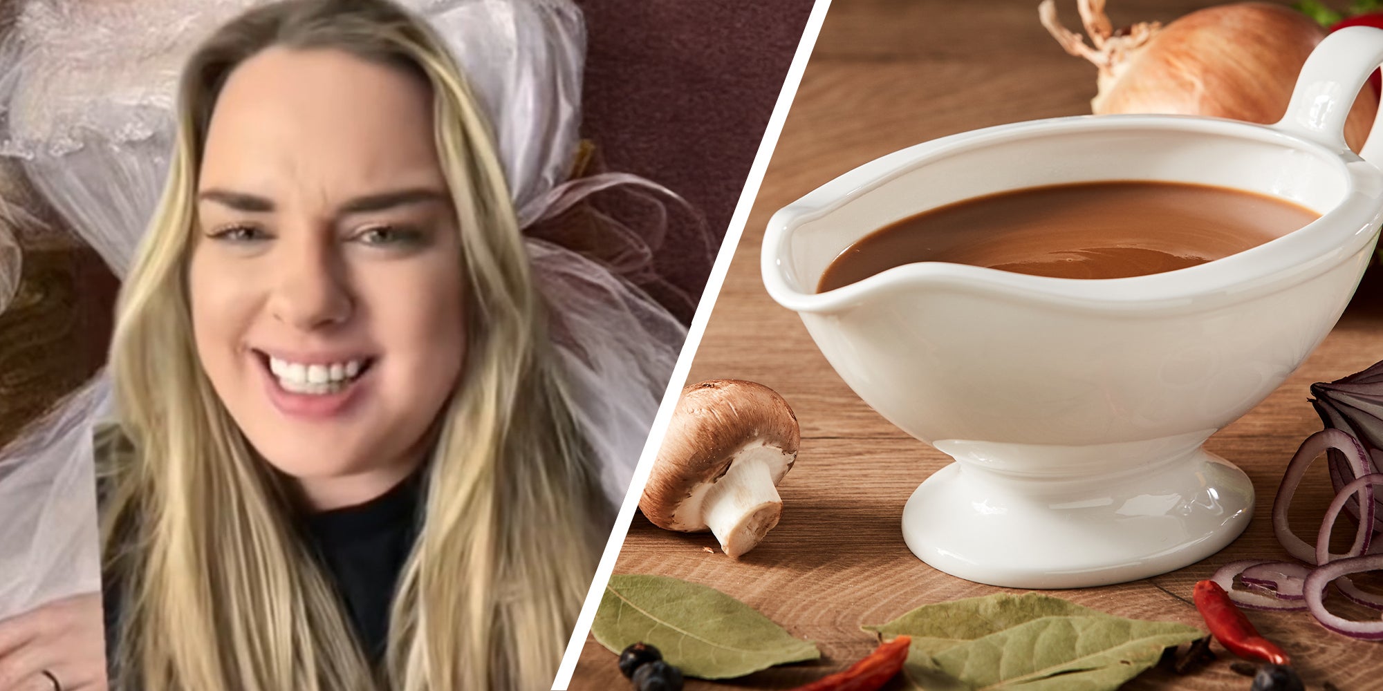 Woman sharing the uses of gravy boats(l) Gravy Boat(r)