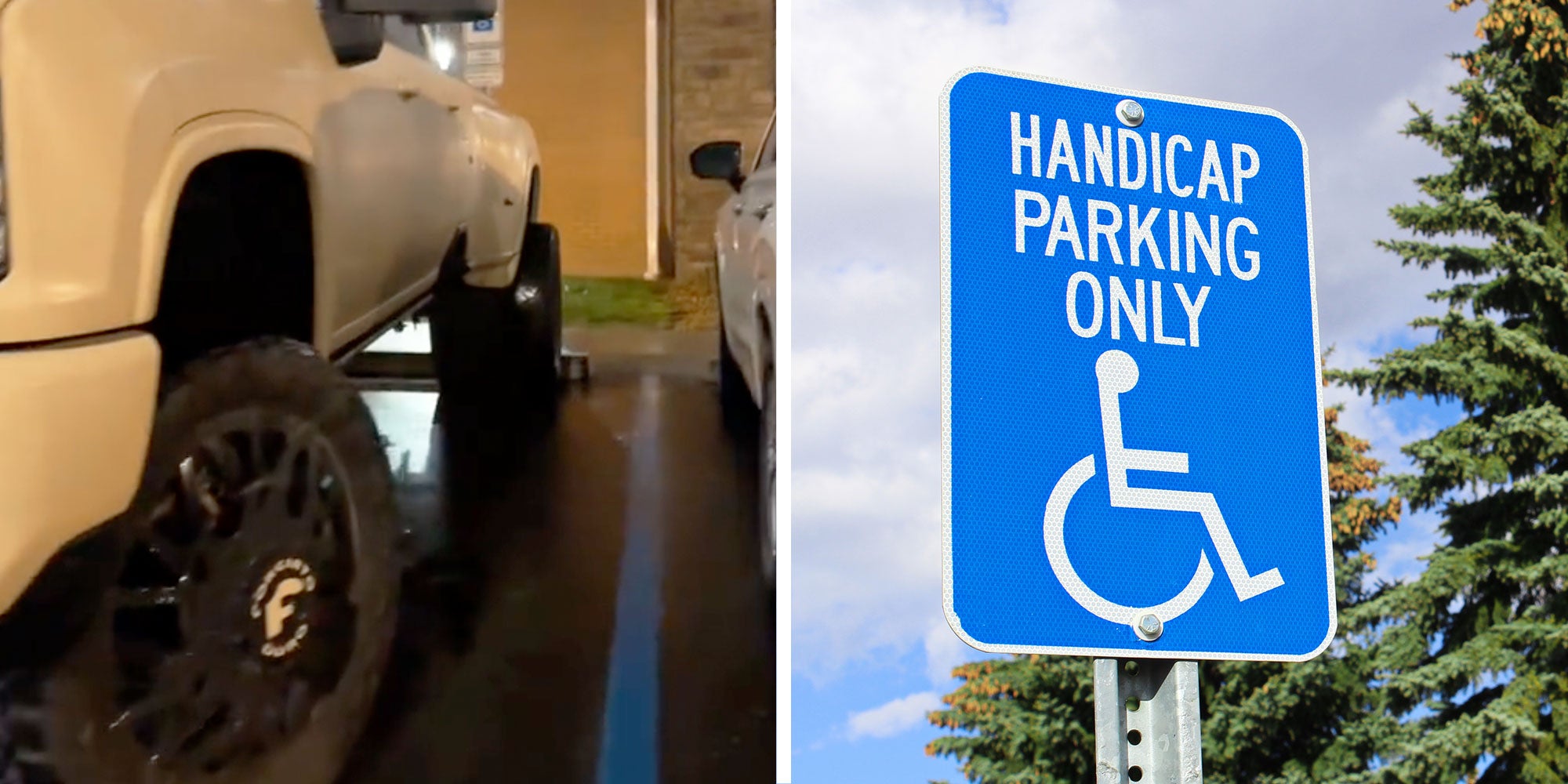 Two panel design with a car parked in a handicap next to an image of a handicap sign
