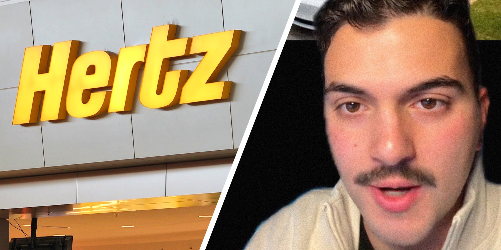 2 panel image: on the left is the Hertz sign and on the right a person explains.