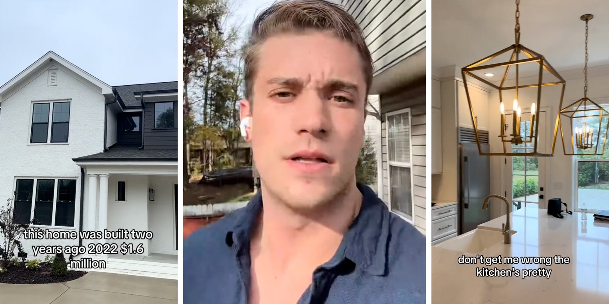 Outside of home(l), Man talking(c), Interior kitchen(r)