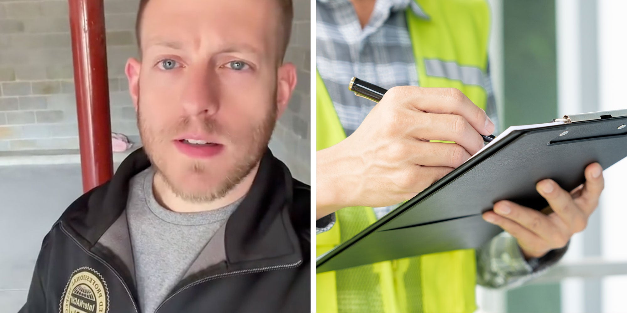 Two panel design with a man looking at the camera in one, next to an image of a person holding a clipboard