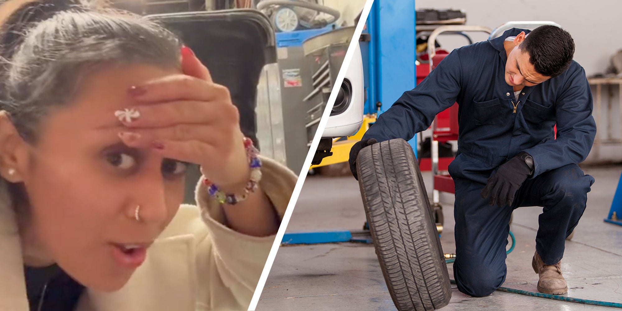 two panel design with a woman looking at the camera with her hand over her forehead, next to an image of a man inspecting a tire