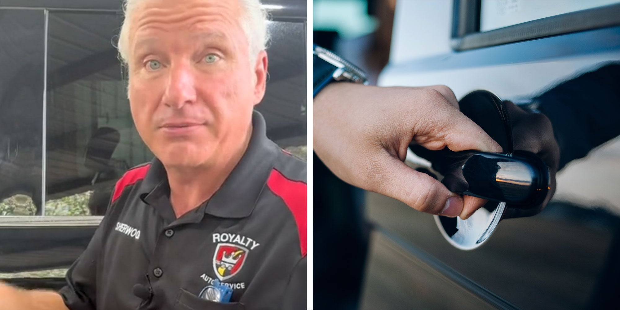 two panel design with a man looking at the camera in one next to an image of a person opening up a car door handle.