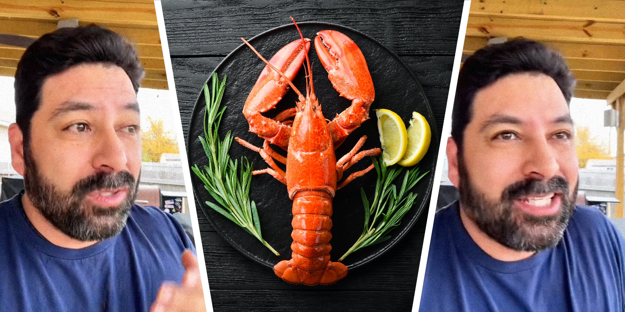 3 panel image: on the sides a person explains, in the middle is a top down photo of a boiled lobster.