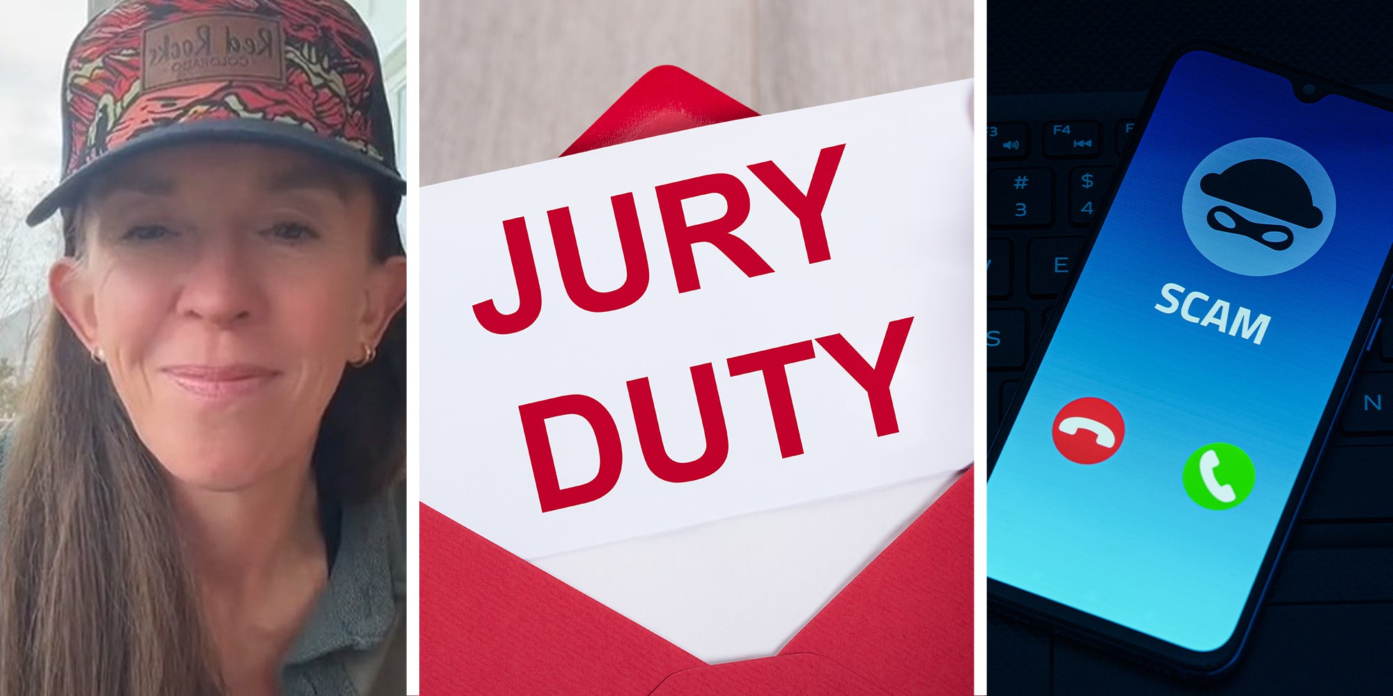 Woman sharing scam happening with Jury Duty(l) Jury Duty in bold red text inside red envelope(c) Phone showing Scam Call(r)
