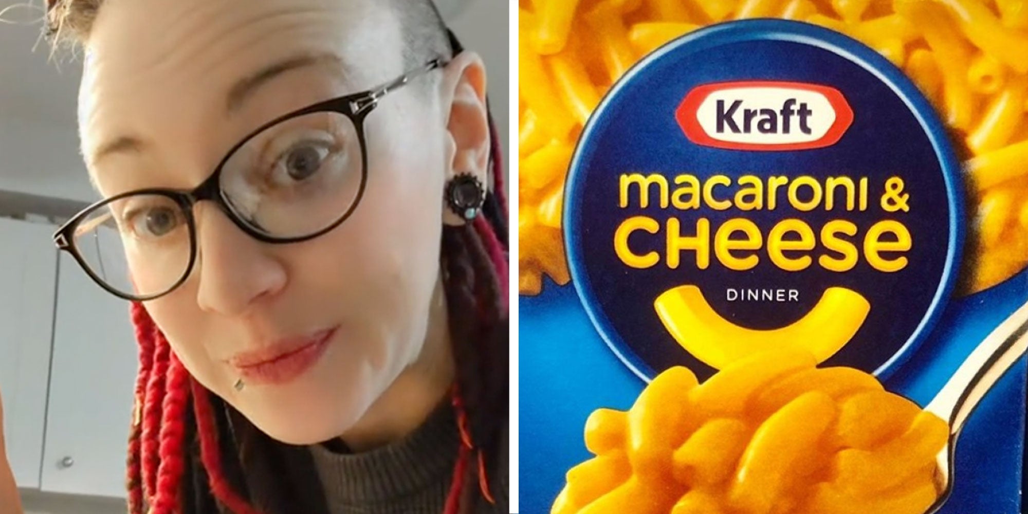 Two panel design with a woman talking at the camera in one, next to an image of a Kraft mac and cheese box