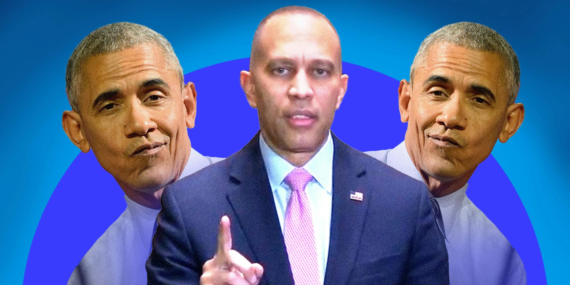 Representative Jeffries is close-up in the center of the frame, looking into the camera and holding his finger up while speaking. He is flanked on either side by reflected images of Barack Obama, perching his lips to the side.