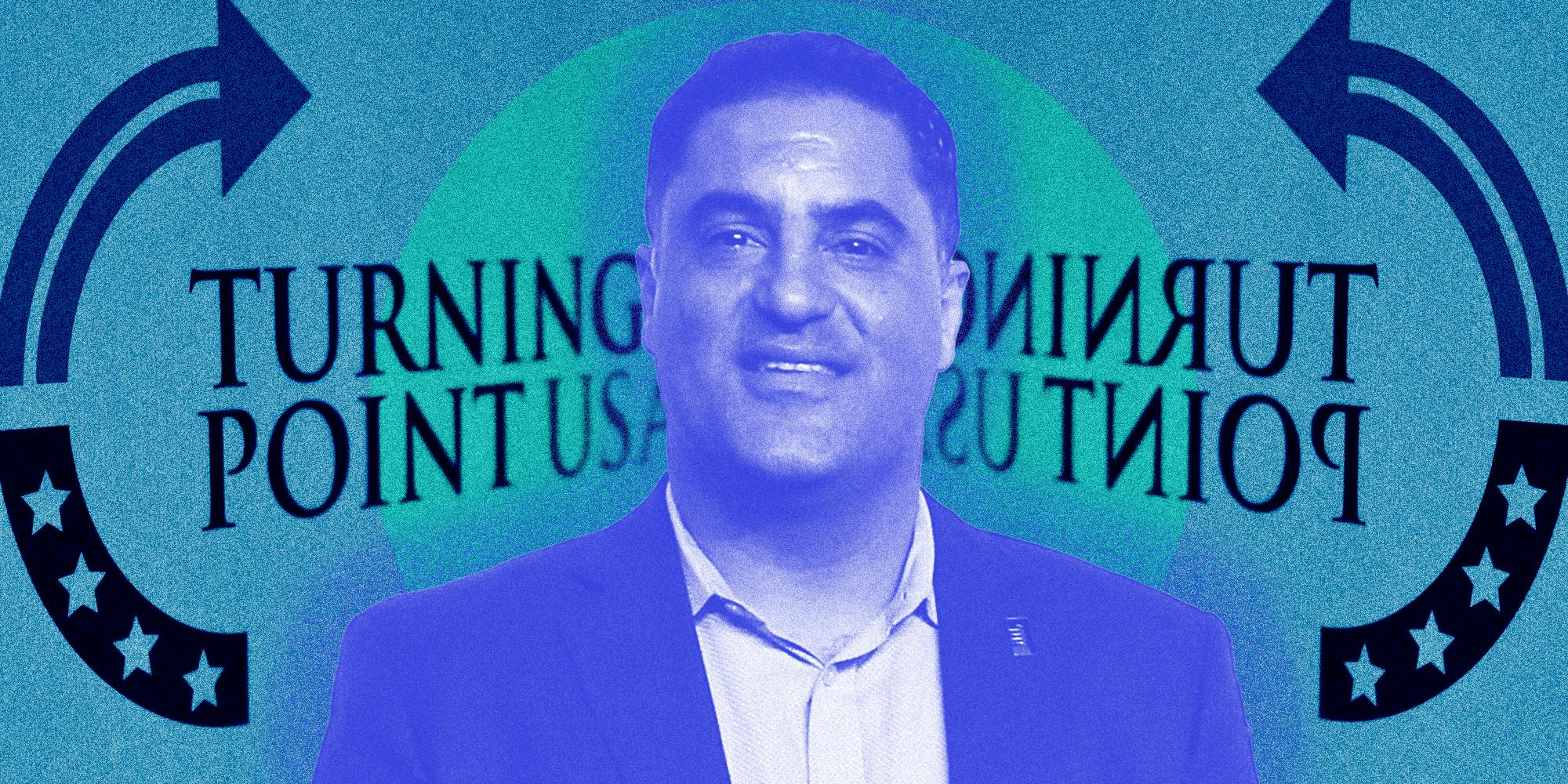 Cenk Uygur in front of turning point logo