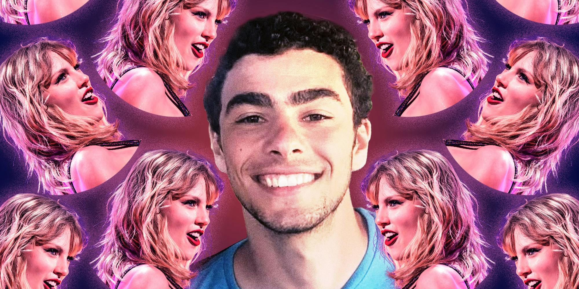 Collage image with Luigi Mangione smiling surrounded by cut-out, glowing images of Taylor Swift.