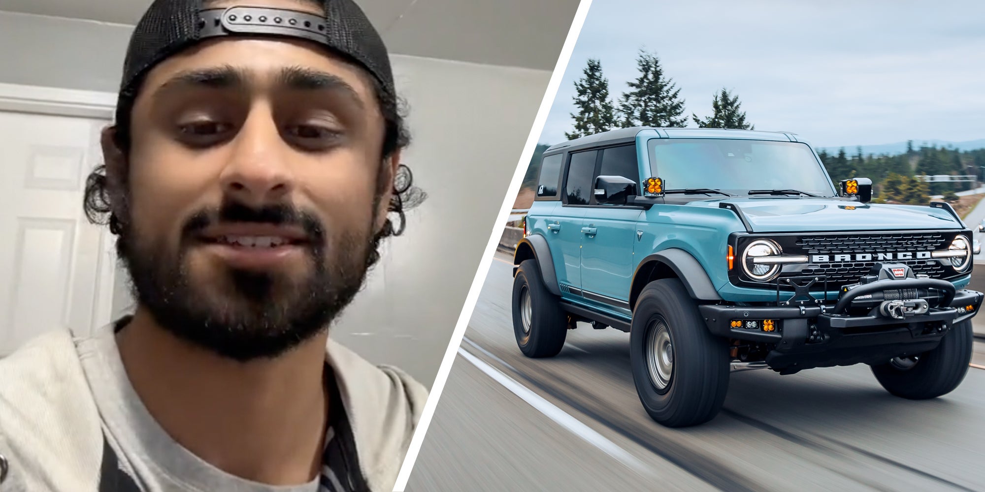 Man talking(l), Ford Bronco on road(r)