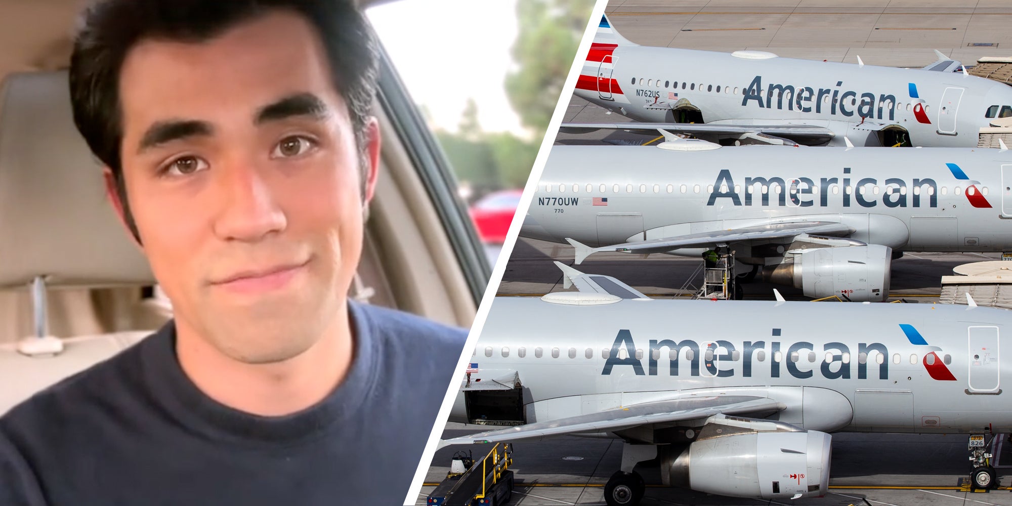 Man talking(l), American airline planes(r)