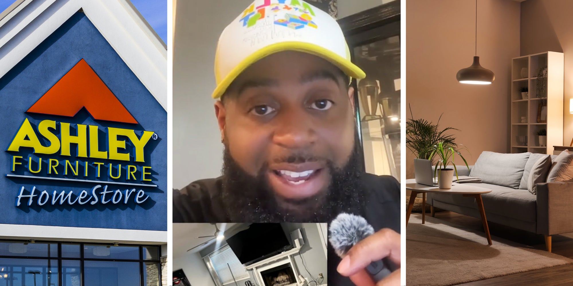 Ashley Furniture storefront(l), Man talking(c) Living room(r)