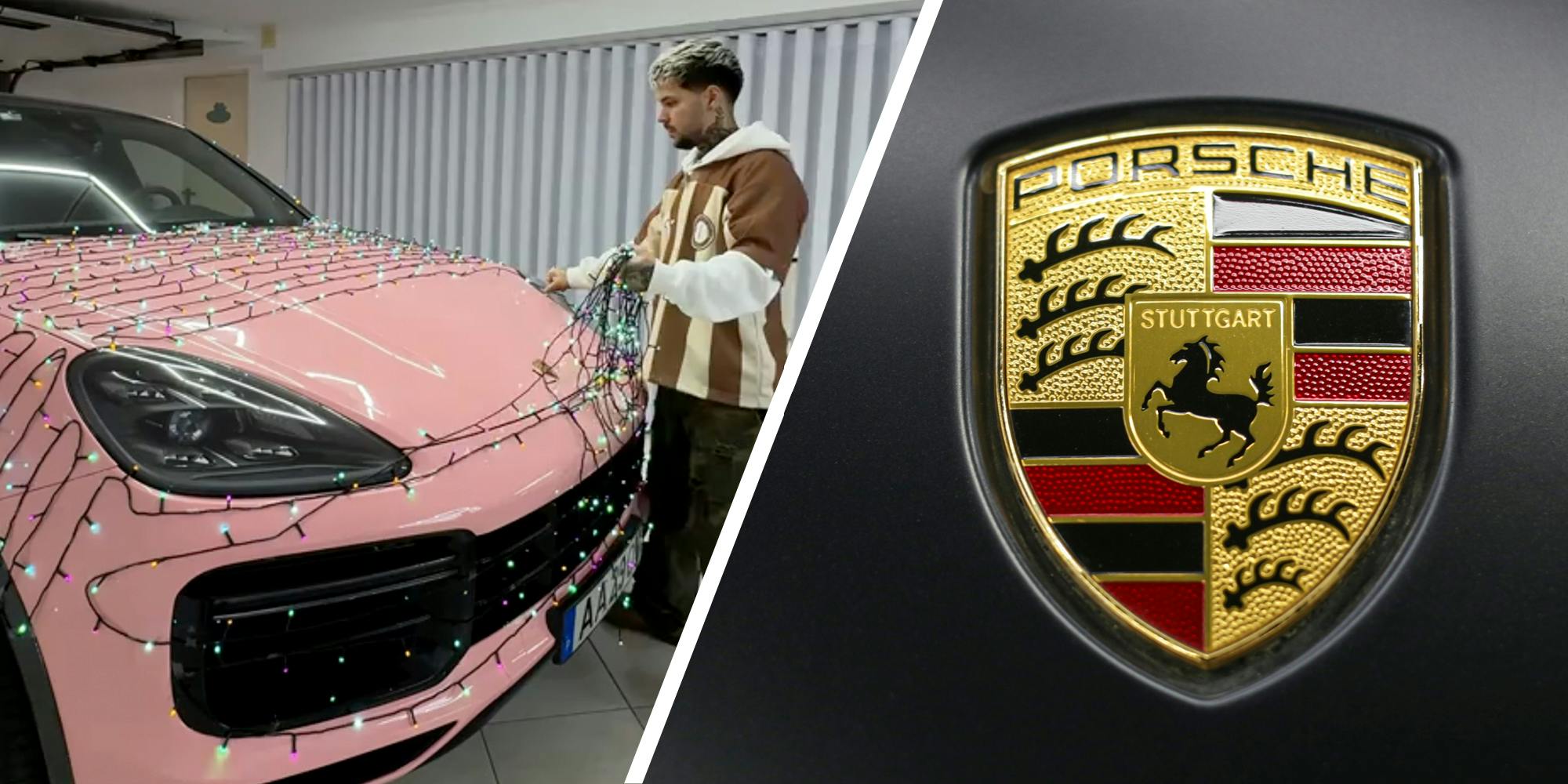 Man taking lights off porsche(l), Porsche logo(r)