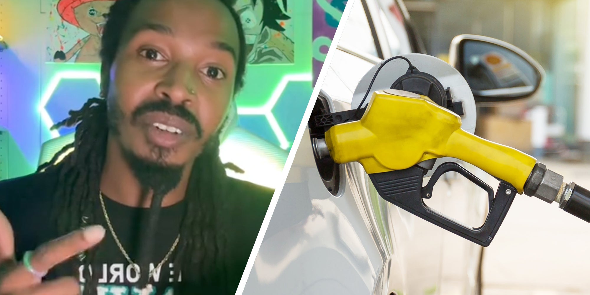 Man talking(l), Gas pump(r)