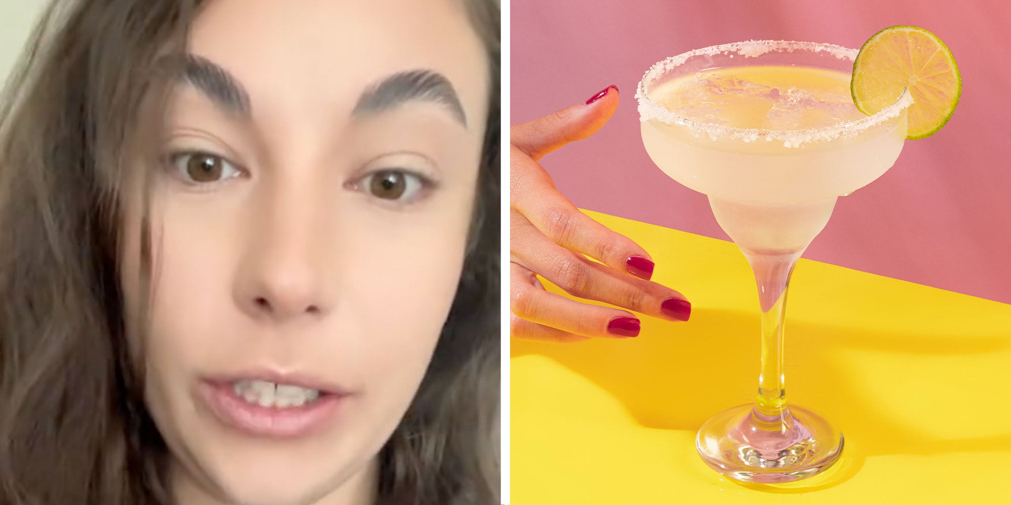 Two panel design with a woman looking annoyed and at the camera in one, next to an image of a margarita