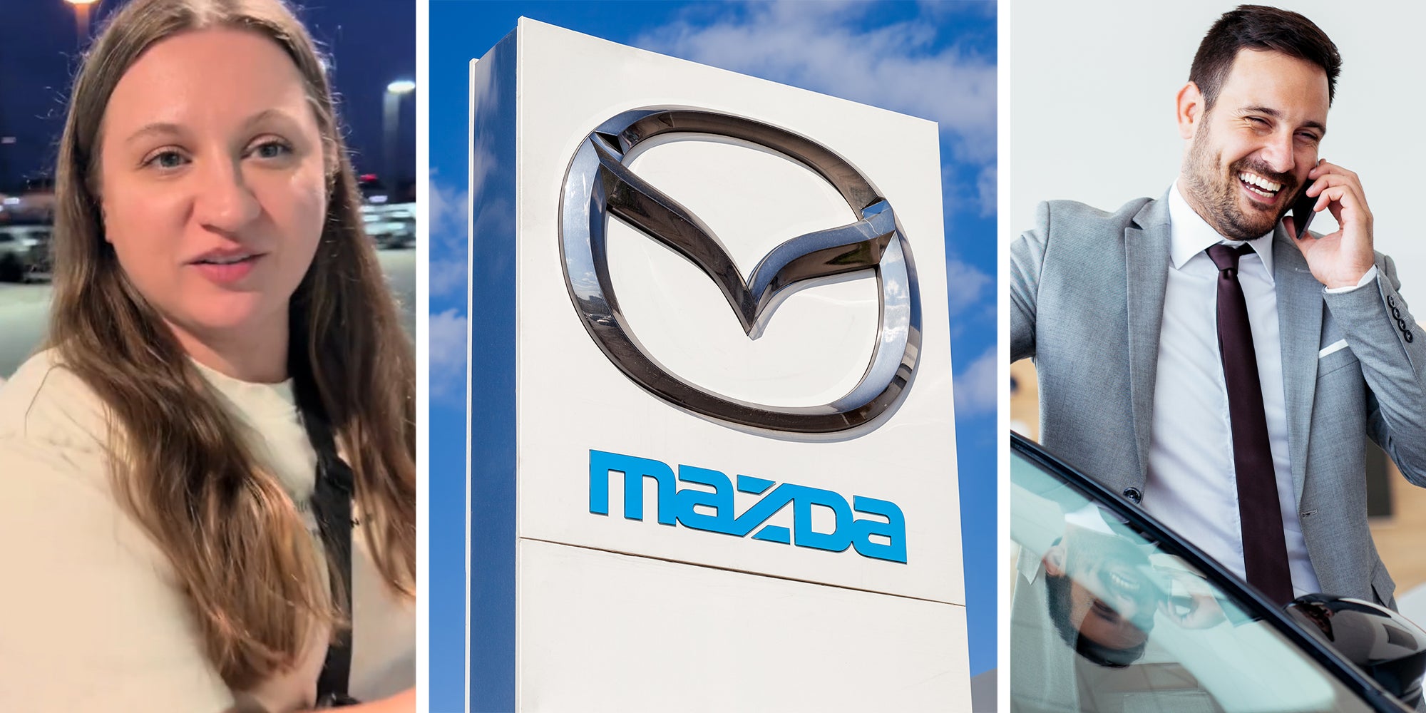 Woman sharing story on her experience at Mazda Dealership(l) Mazda Dealership Sign(c) car salesman on phone(r)