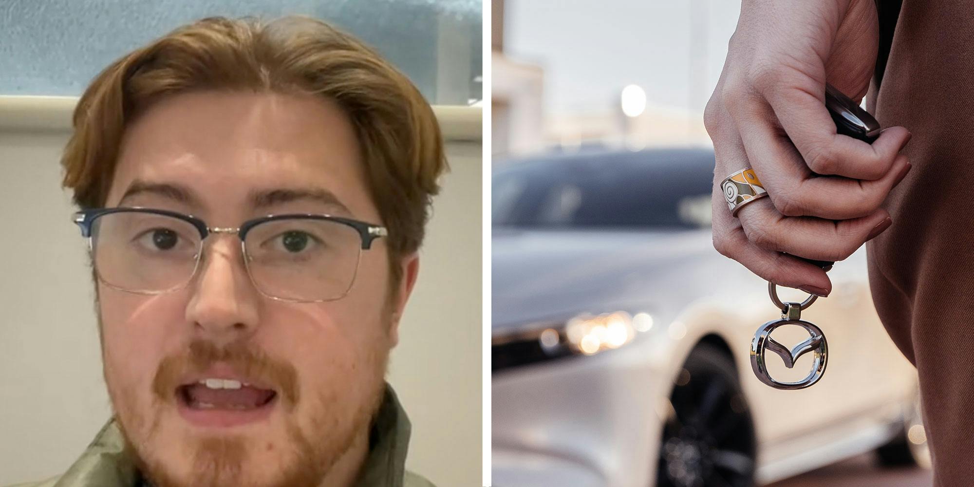 two panel design with a man looking into the camera in one, next to an image of a person holding keys to a Mazda