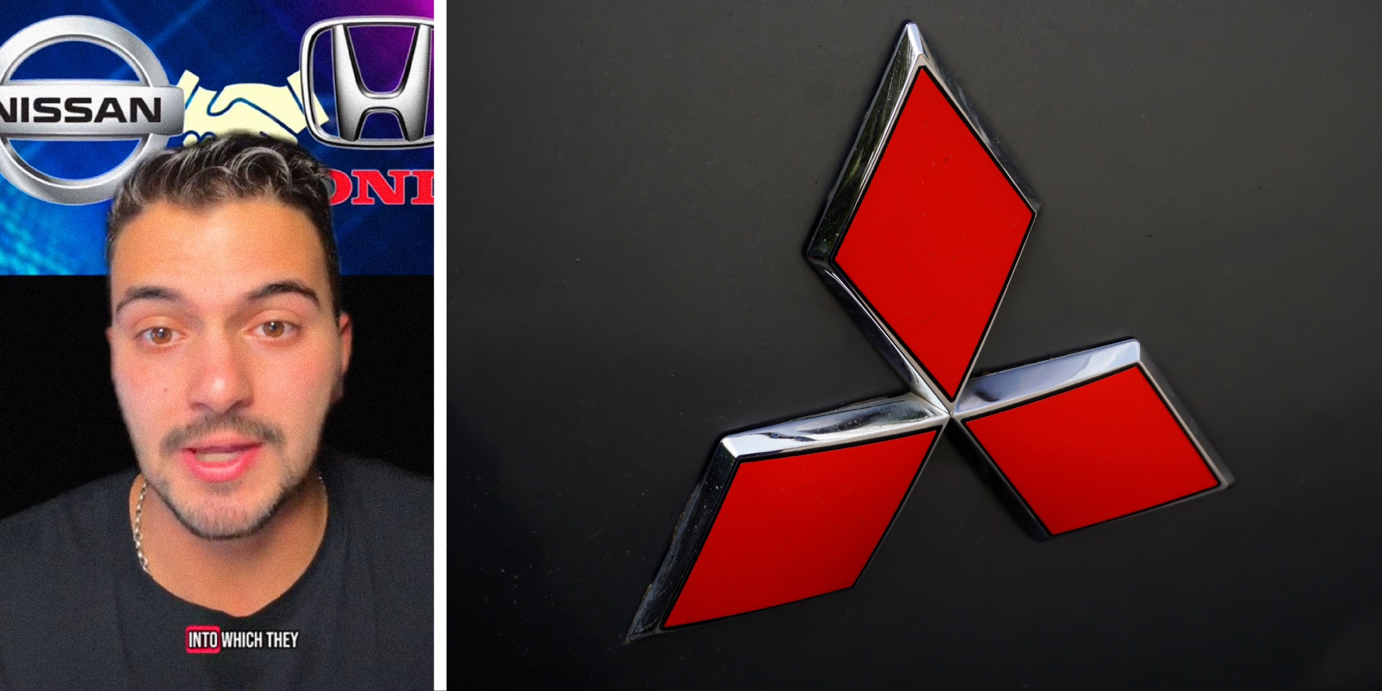 2 panel image, on the left a person explains in front of the Nissan and Honda auto company logos. On the right is a close up of the Mitsubishi logo.