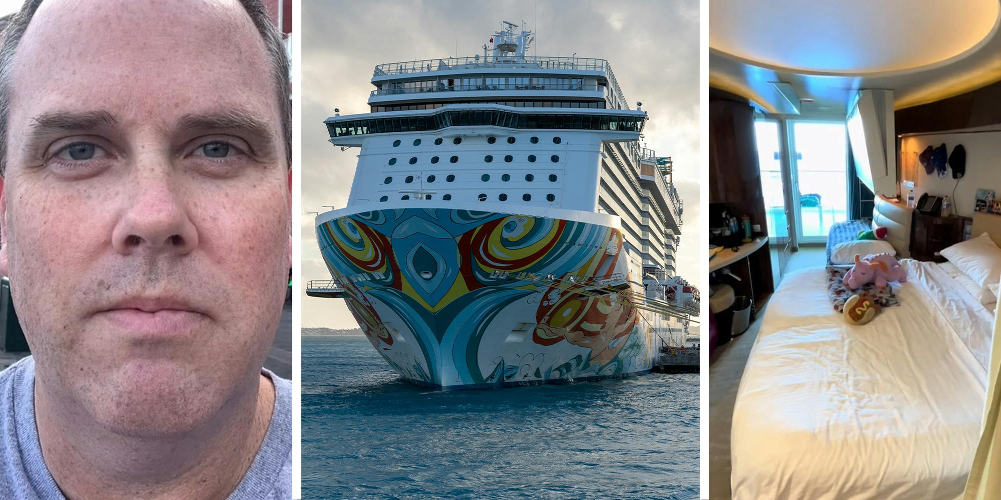 Man rating norwegian cruise(l) Cruise ship on water(c) cruise ship room(r)