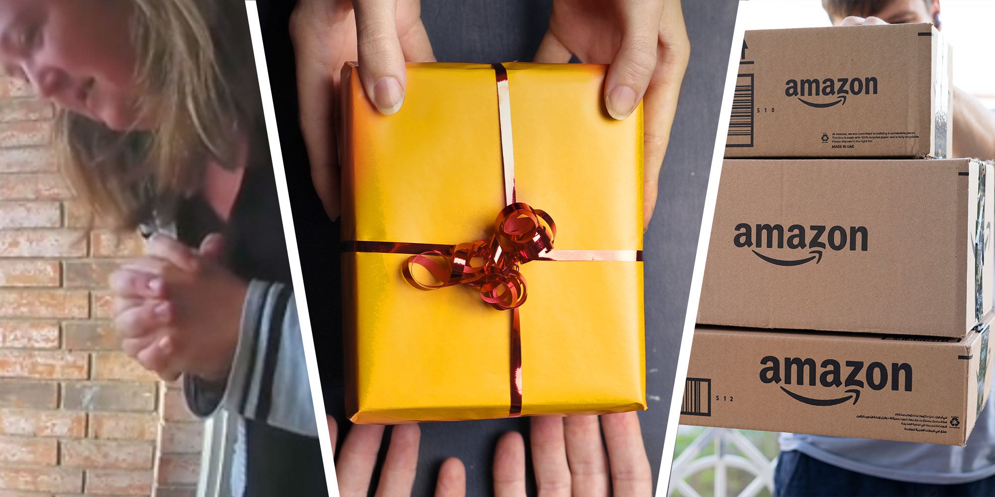 Three panel design with a woman looking down as she stands on her porch, next to an image of a gift, next to an image of a stack of amazon delivery boxes