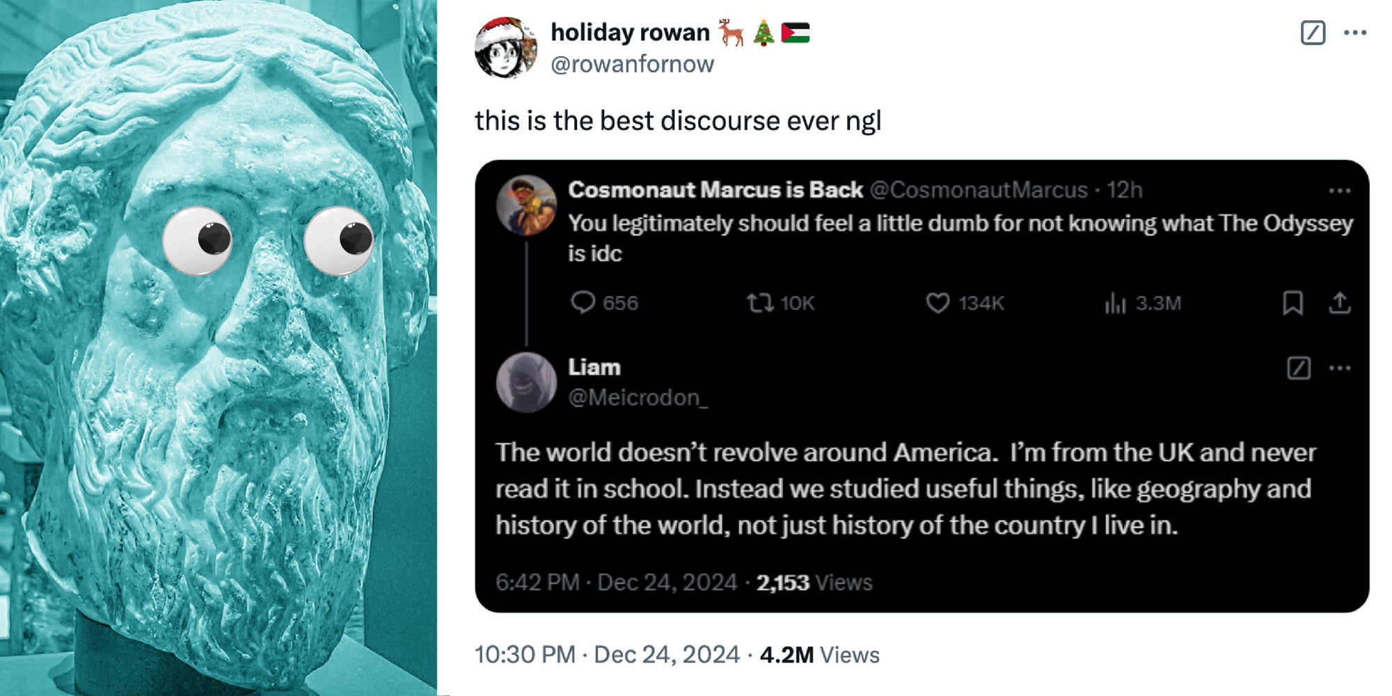 2 panel image: on the left we see a bust of Homer the author of The Odyssey, and on the right a screenshot of a tweet about knowing what the Odyssey is.