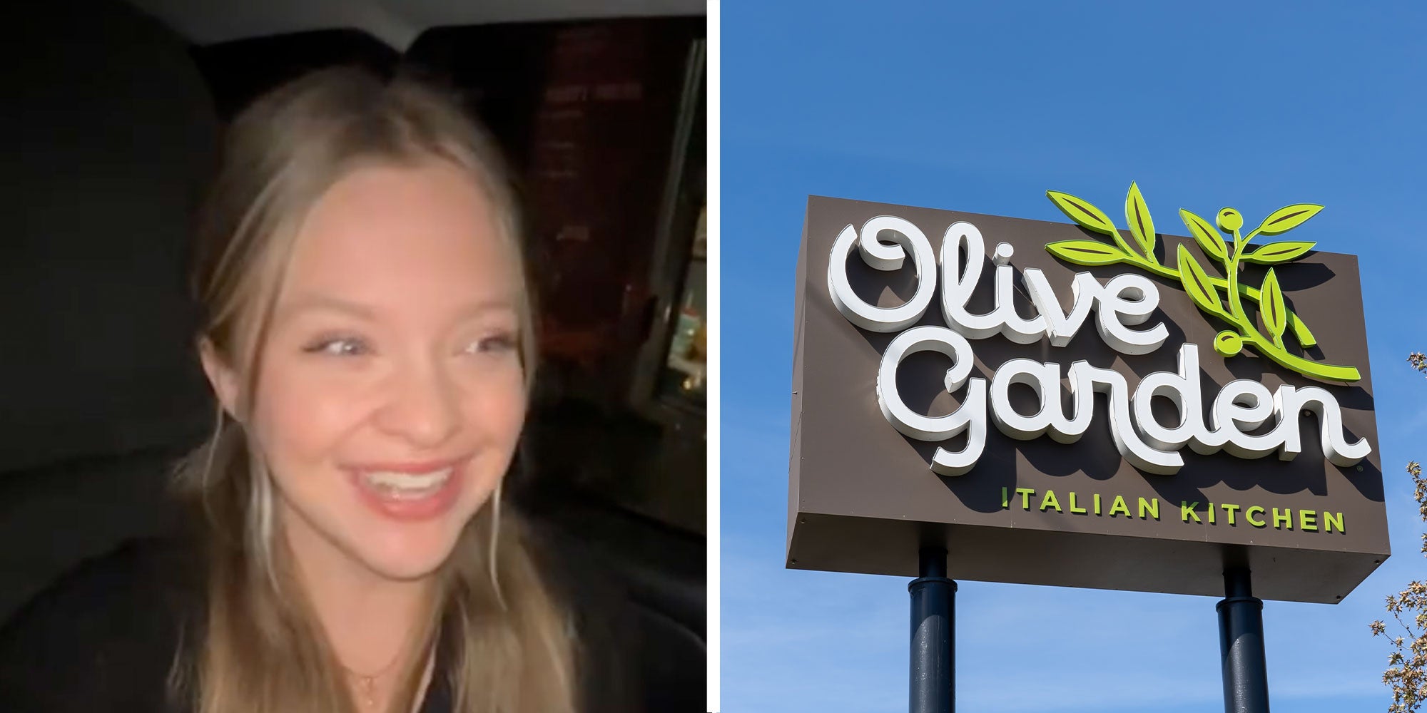 Two panel design with a woman in her car talking to the camera mid laugh, next to an image of an Olive Garden sign