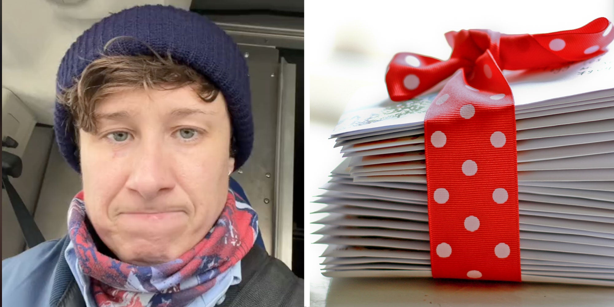 two panel design with a postal worker in one, next to an image of a stack of cards for mailing